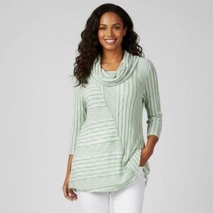 Ali Miles Women's Seafoam Green Crinkle‎ Striped Cowl Neck 3/4 Sleeve Top Medium
